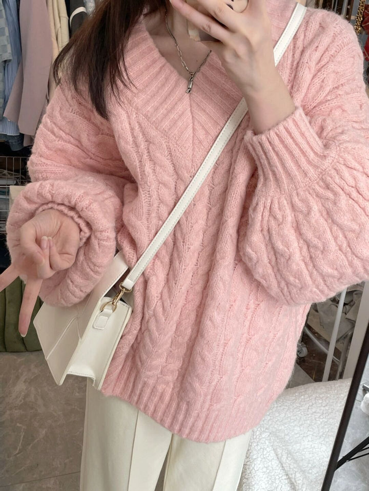 Damen Grobstrickpullover mit voluminösen Ärmeln und V-Ausschnitt Drune