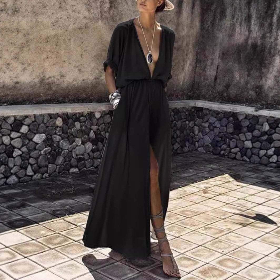 Damen Elegantes Maxikleid mit tiefem V-Ausschnitt und hohem Schlitz Drune