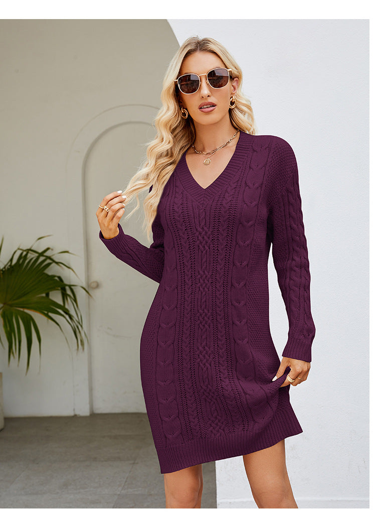 Drune | Einfarbiges V-Ausschnitt Drehstrickkleid