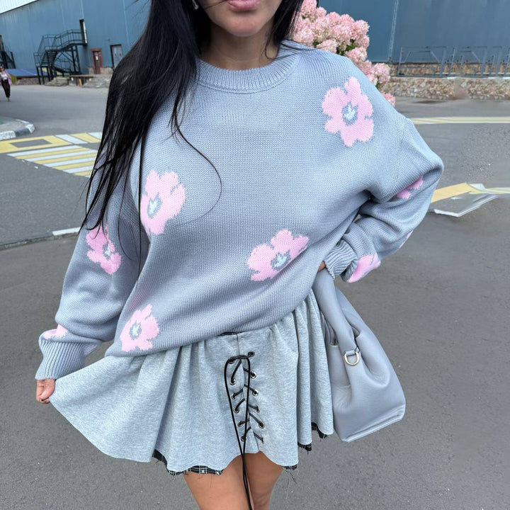 Damen Grob gestrickter Pullover mit Blumendesign Drune