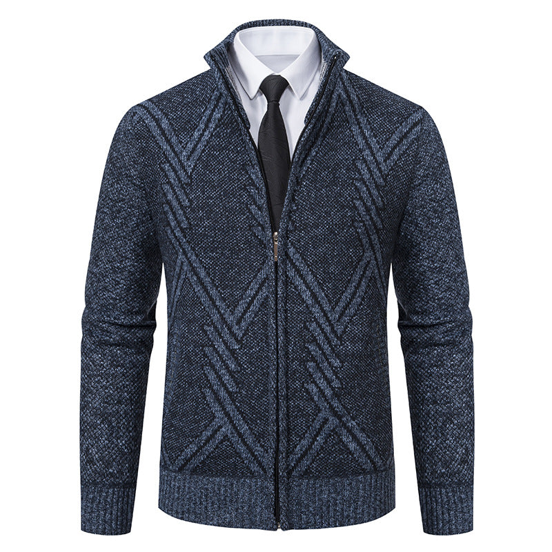 Herren Feiner Jacquard-Cardigan mit durchgehendem Reißverschluss, Stehkragen und Eingrifftaschen Drune