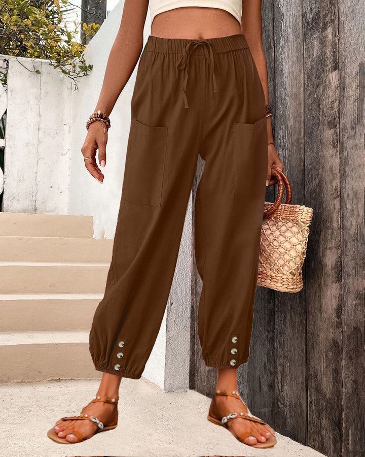 Damen Leinenlook Loungehosen mit hohem elastischem Taillenbund, Kordelzug, aufgesetzten Taschen und geknöpftem Saum Drune