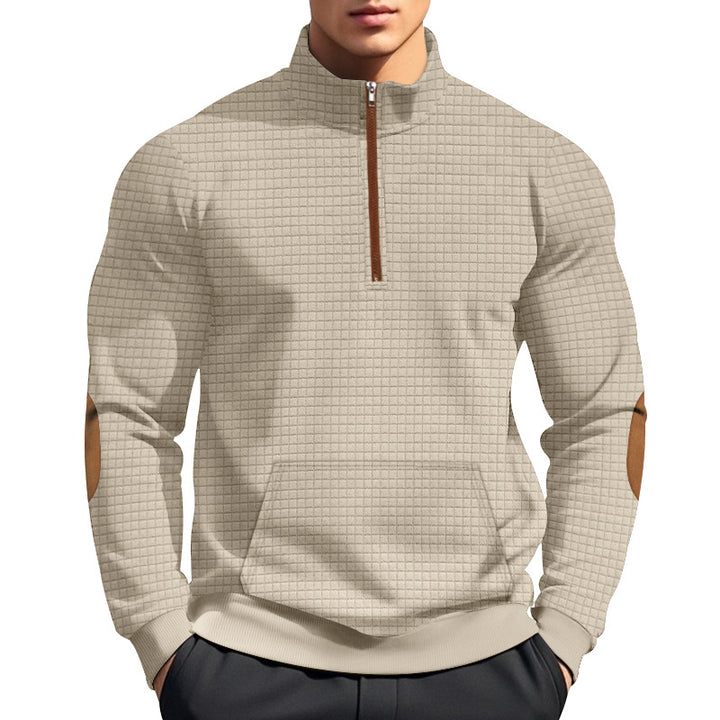 Herren nan gestepptes Halfzip-Sweatshirt mit Stehkragen, Kängurutasche und Kunstleder-Ellenbogenpatches Drune