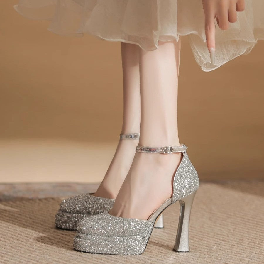 Damen Glitzernde Plateau-Pumps mit elegantem Knöchelriemen Drune