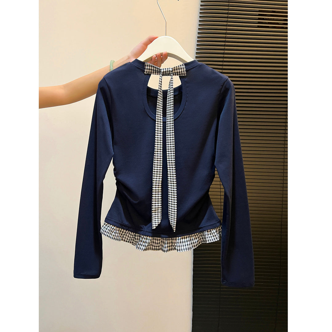Damen Langarmshirt mit asymmetrischem Rüschenrand und dekorativem Rückenteil Drune