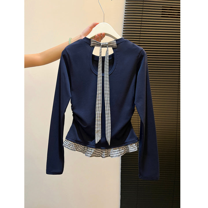 Damen Langarmshirt mit asymmetrischem Rüschenrand und dekorativem Rückenteil Drune