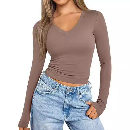 Damen Figurnahes Langarm-Cropped-Shirt mit V-Ausschnitt und elastischem Taillenbund Drune