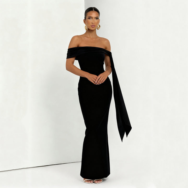 Damen Off-Shoulder Maxikleid mit eleganter Schleifenverzierung Drune