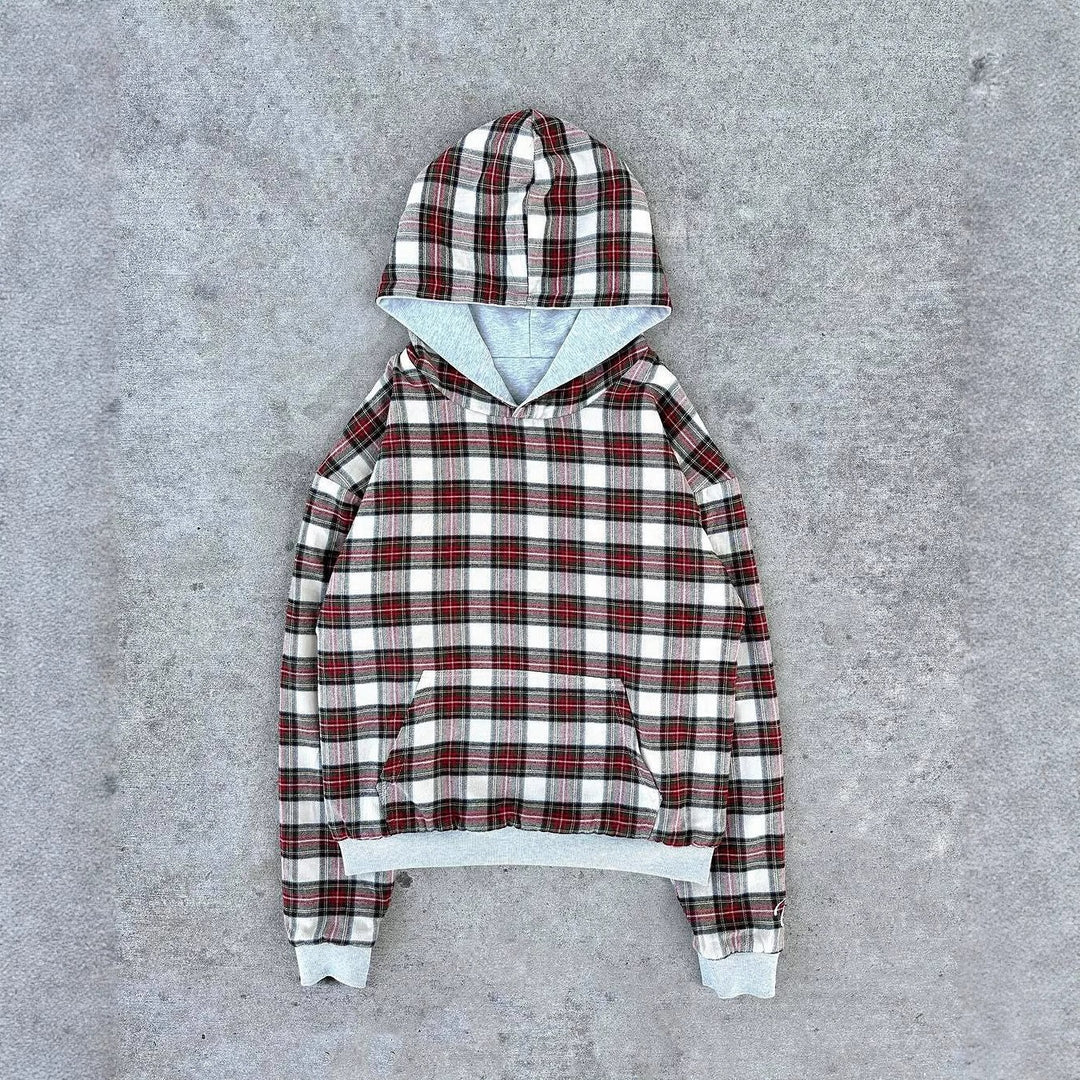 Damen lässiger Kapuzenpullover mit gestepptem Innenfutter und kontrastierendem Karomuster Drune