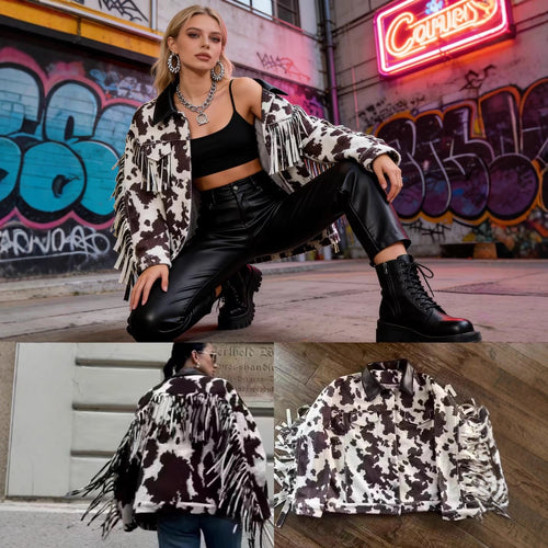 Damen Teddy-Truckerjacke mit Kuhfleckenmuster und Kunstlederkragen Drune