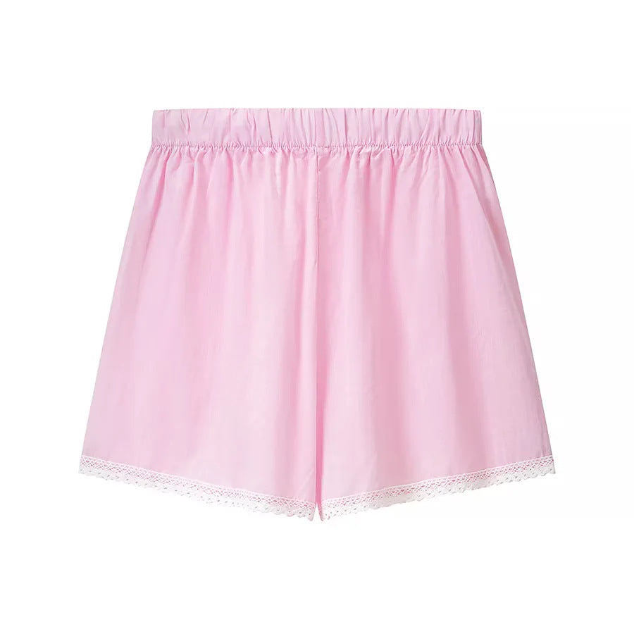 Damen nan zweiteiliges schulterfreies Schlafanzug-Set mit Spitzenbesatz, Herzknopf-Leiste und elastischer Shorts-Bund Drune