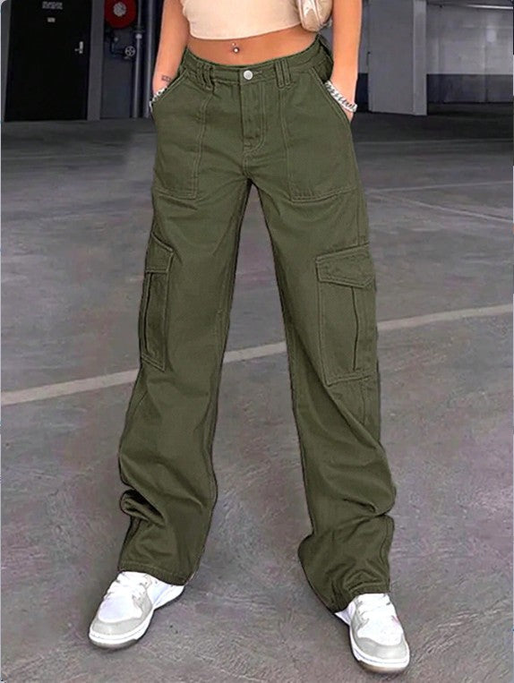 Damen Cargo-Hose mit weitem Bein, hoher Taille und Utility-Taschen Drune