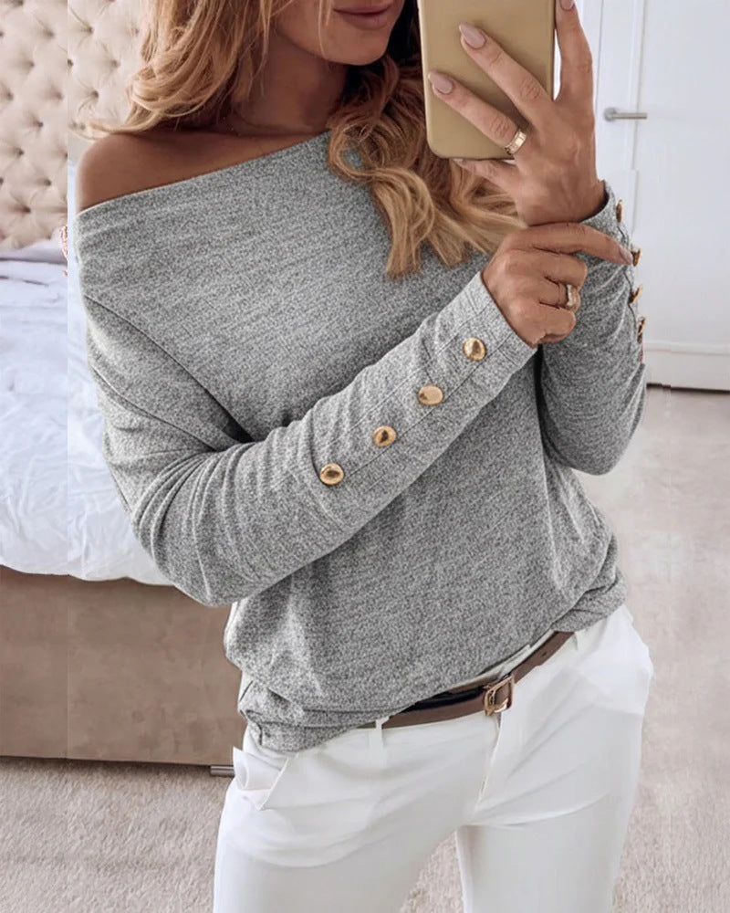 Damen Offshoulder Feinstrickpullover mit Zierknopfleiste an den Ärmeln Drune