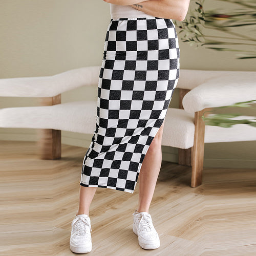 Damen Midirock mit grafischem Karomuster und seitlichem Schlitz Drune