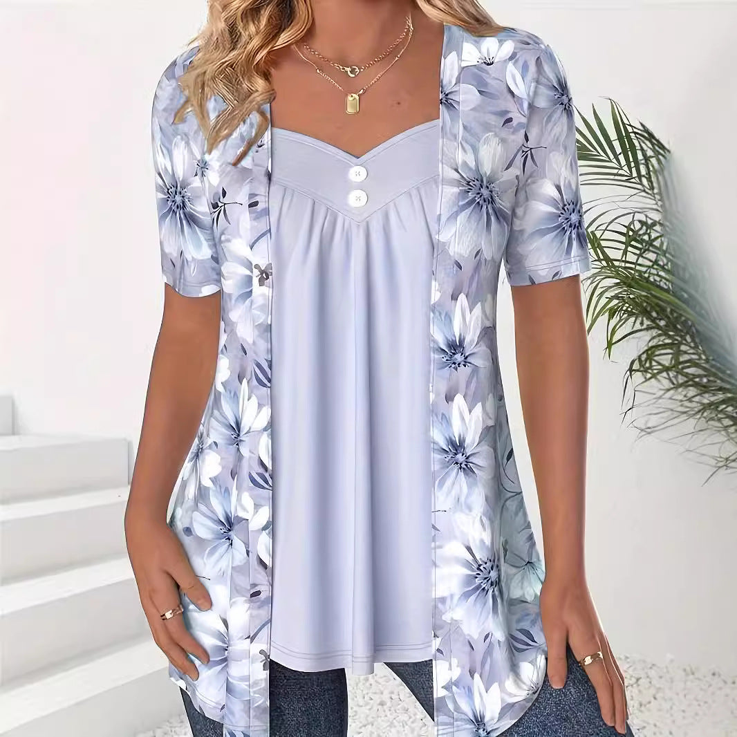 Drune | Tops Lockere Passform Herzausschnitt Floral Print Lagenlook