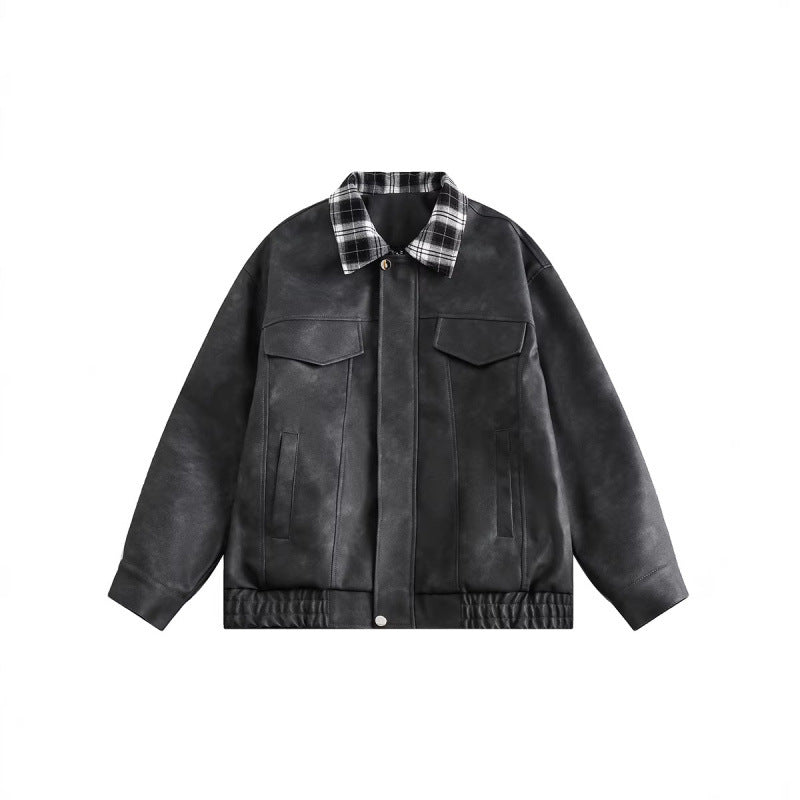 Herren Velourslederoptik Bomberjacke mit kariertem Hemdkragen, Pattentaschen und elastischem Saum Drune