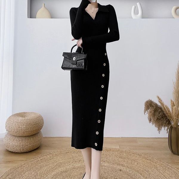 Damen Langärmeliges Strickkleid mit elegantem Knopfdetail und taillierter Silhouette Drune