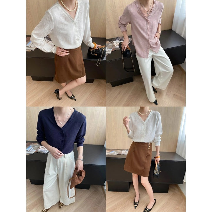 Damen lässige Bluse mit Knöpfen und modernem V-Ausschnitt Drune