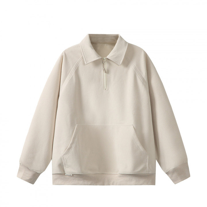 Unisex Oversize Halbzip-Sweatshirt mit Polokragen, Waffelstruktur und Kängurutasche Drune
