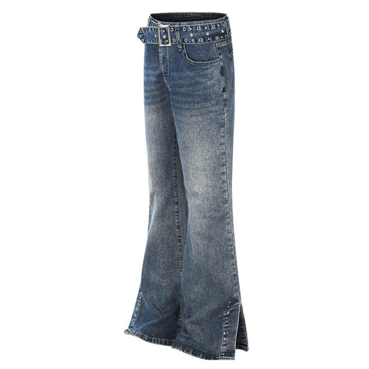 Damen High-Waist Flared-Denimjeans mit Nietenbesatz, weitem Schlag und Ziergürtel Drune