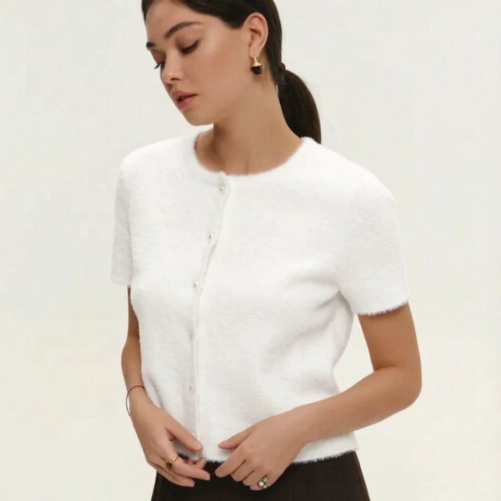 Damen Flauschiger Strickpullover mit Perlenknöpfen Drune