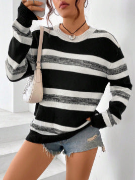 Damen Modischer Strickpullover mit breiten Blockstreifen Drune