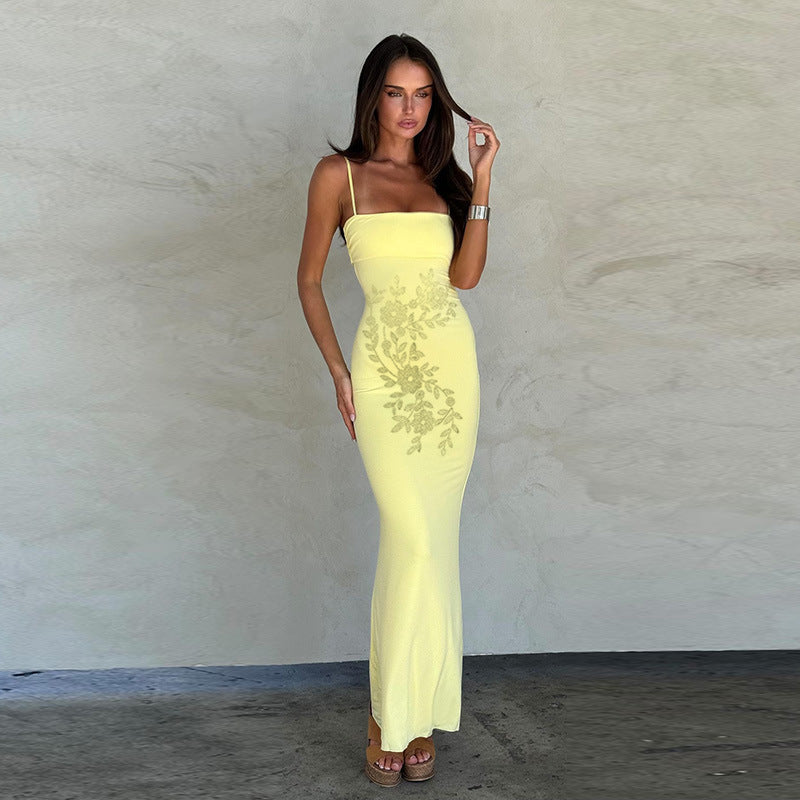 Damen Elegantes Maxikleid mit feiner Floralbordüre und Spaghettiträgern Drune