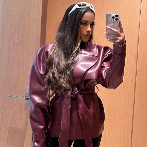 Damen Taillierter Lederimitat-Blouson mit Bindegürtel und voluminöser Schulterpartie Drune