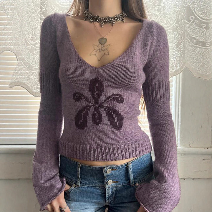 Damen nan kurzes Feinstrick V‑Pullover mit floralem Intarsienmotiv und ausgestellten Trompetenärmeln Drune