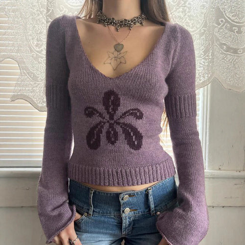 Damen nan kurzes Feinstrick V‑Pullover mit floralem Intarsienmotiv und ausgestellten Trompetenärmeln Drune