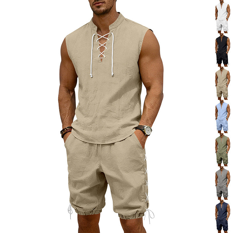 Herren nan ärmelloses Freizeit-Set mit Schnürkragen und Kordelzug-Bermuda Drune