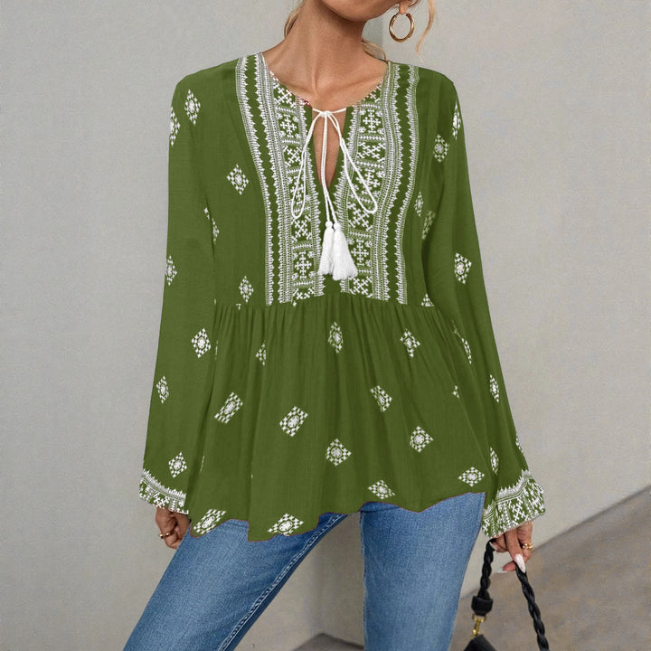 Damen Bestickte Boho-Tunika-Bluse mit Quastenbändern und stufigem Saum Drune