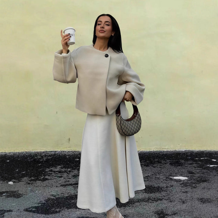 Damen Wickeljacke mit weiten Ärmeln und dekorativem Knopf Drune