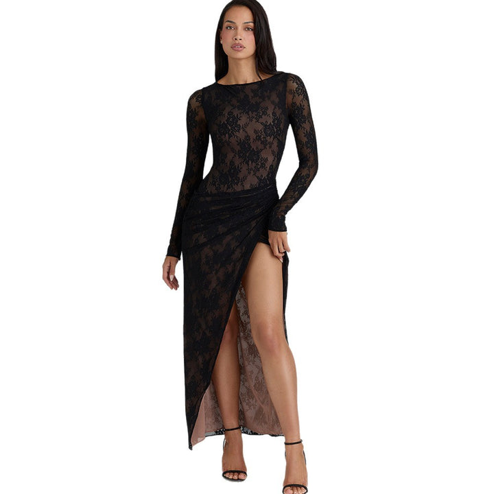 Damen Elegantes Spitzen-Maxikleid mit tiefem Schlitz und zartem Drapierungseffekt Drune