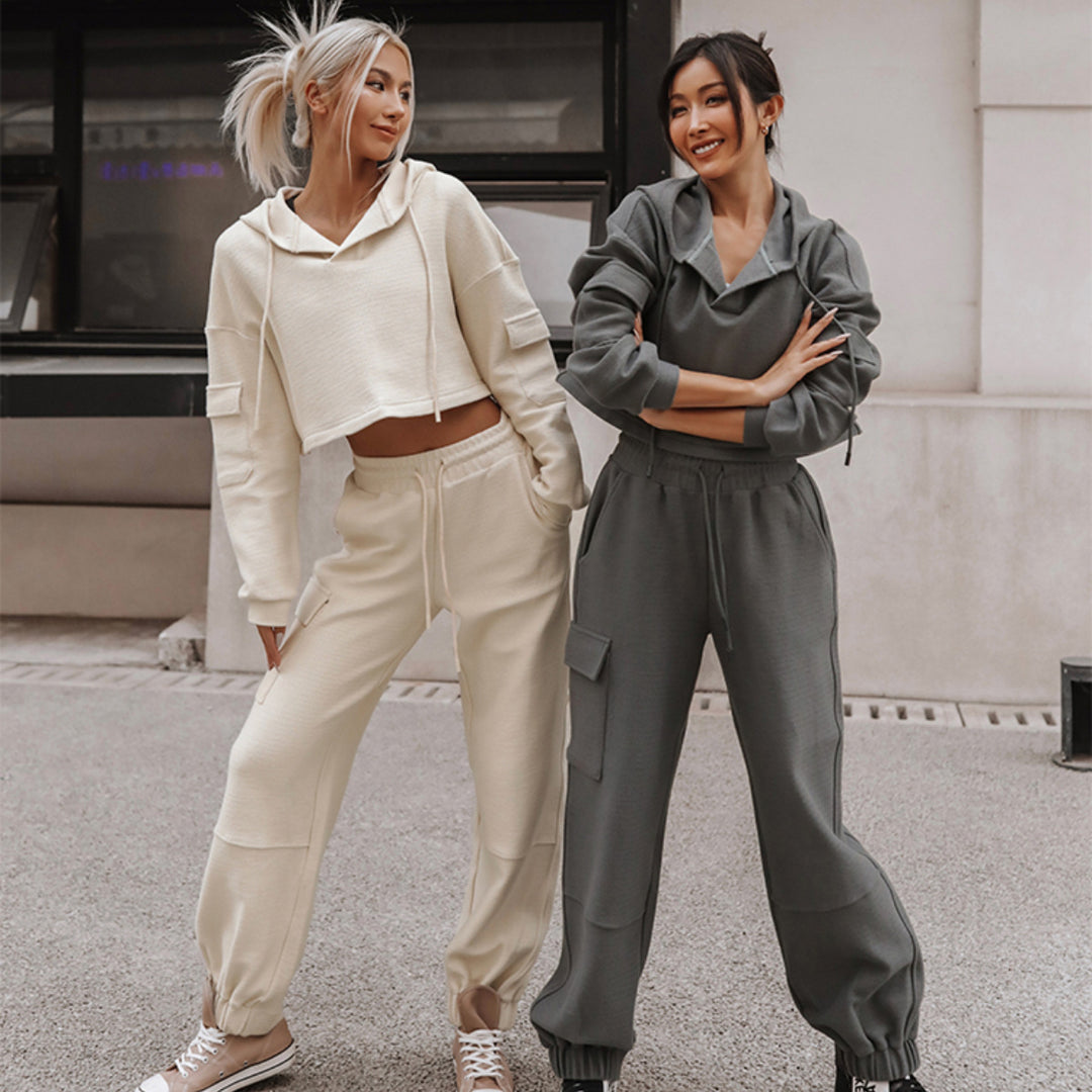 Damen nan Cropped Kapuzenpullover mit Highwaist Cargo-Joggingshose Set Drune