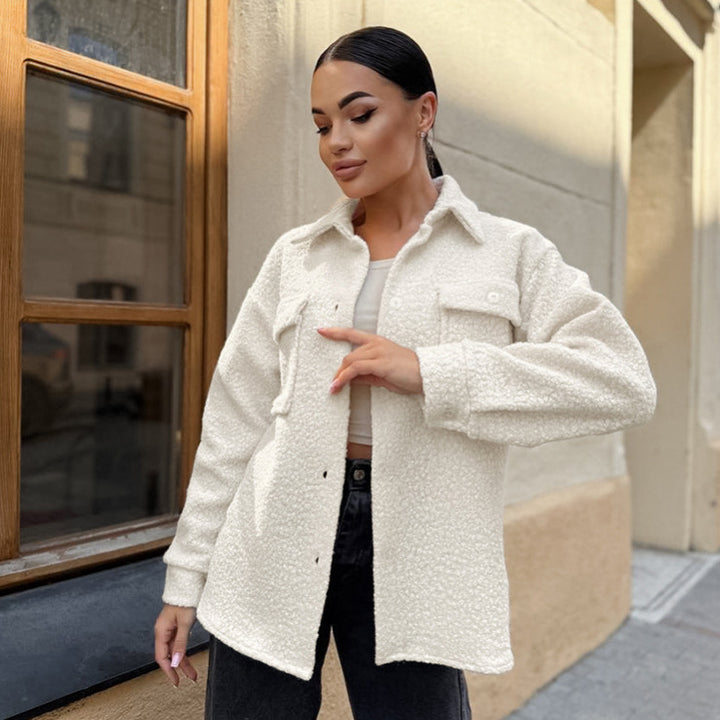 Damen Flauschige Utility-Jacke mit großen Taschen und Knopfdetails Drune