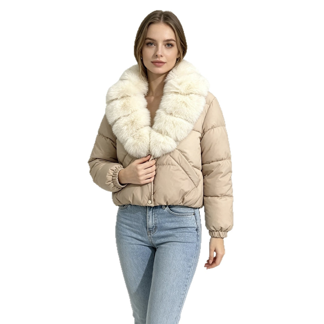 Damen nan kurze wattierte Cropped-Jacke mit extra voluminösem Kunstpelz-Schalkragen und elastischen Bündchen Drune
