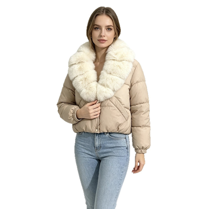 Damen nan kurze wattierte Cropped-Jacke mit extra voluminösem Kunstpelz-Schalkragen und elastischen Bündchen Drune