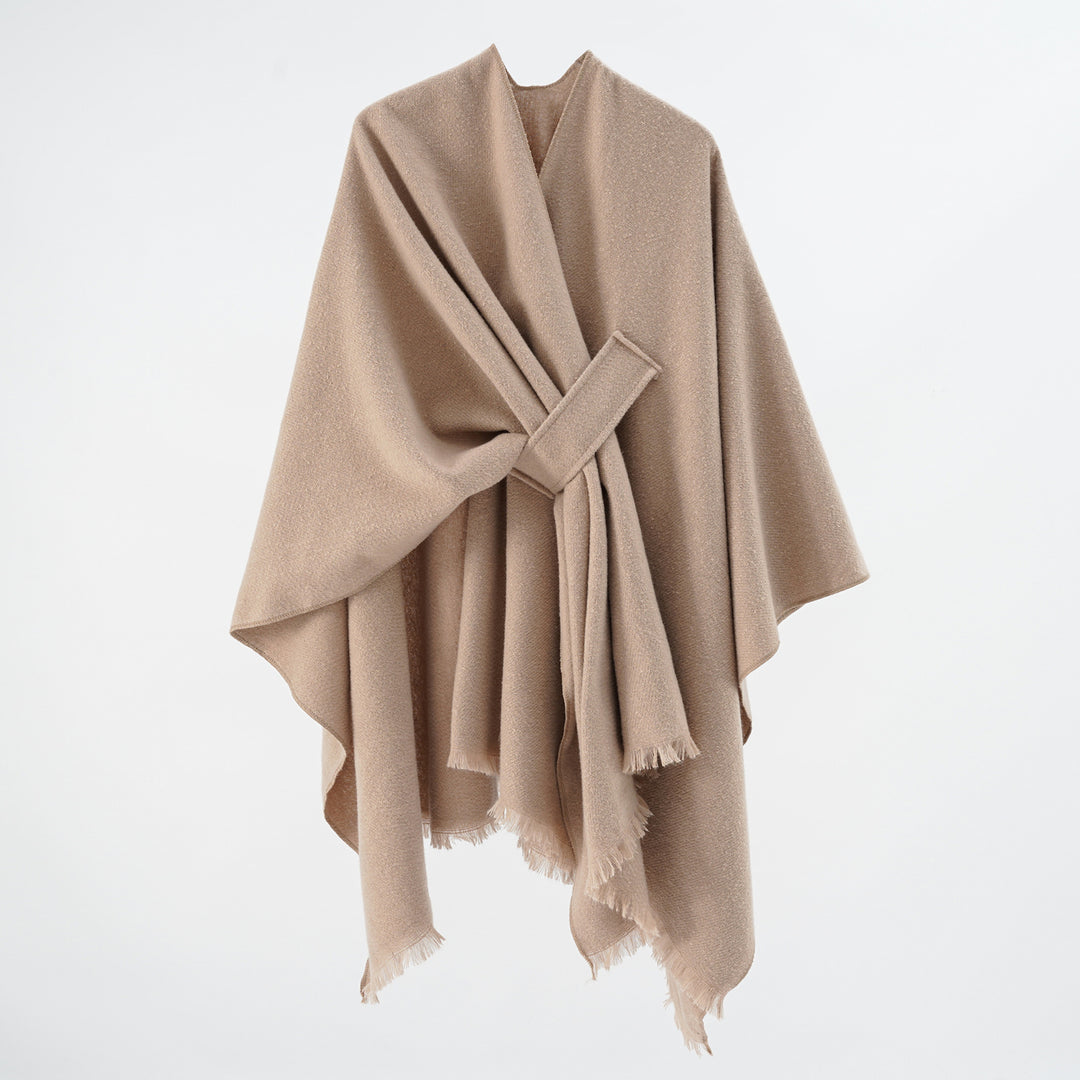 Damen Strickponcho mit geometrischem Blockmuster und Fransen Drune