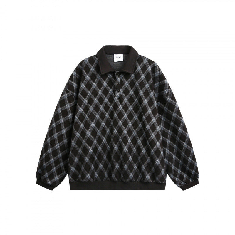 Unisex Oversize Polo-Halbzip-Pullover mit Argyle-Struktur Drune