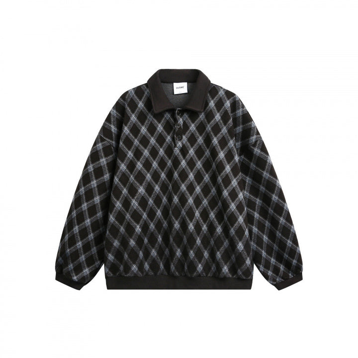 Unisex Oversize Polo-Halbzip-Pullover mit Argyle-Struktur Drune
