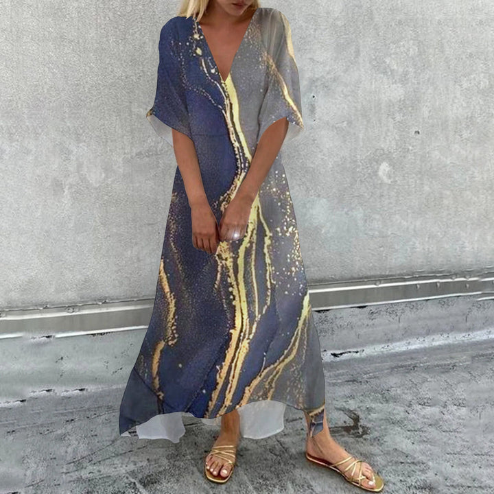 Drune | Frauen Kleider Blumenmuster V-Ausschnitt Kurzarm Schlitzkleid