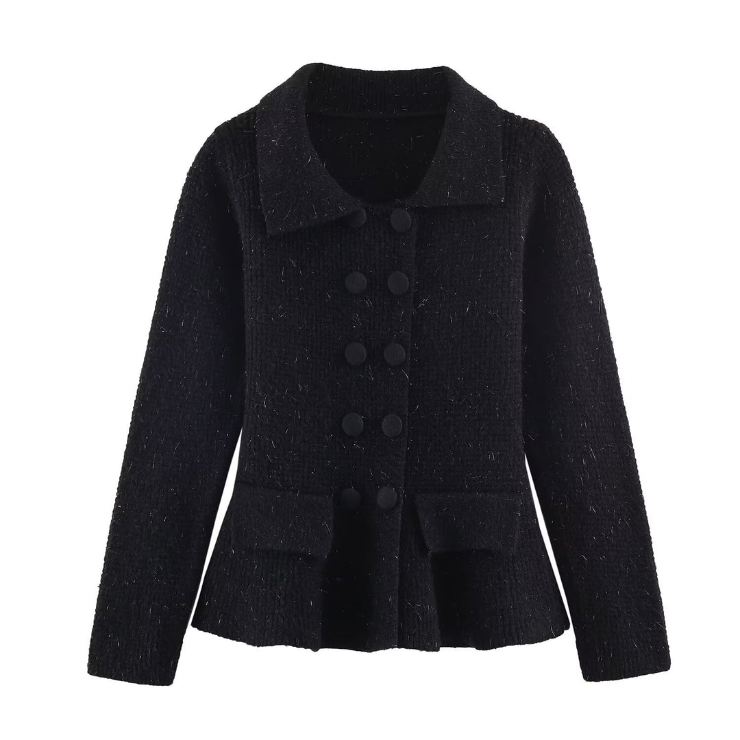Damen Doppelreihige Bouclé-Jacke mit Schößchen, aufgesetzten Taschen und Hemdkragen Drune