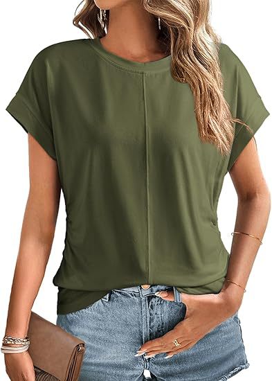 Damen Relaxed-Fit Kurzarmshirt mit dekorativer Mittelnähte und Umschlagärmeln Drune