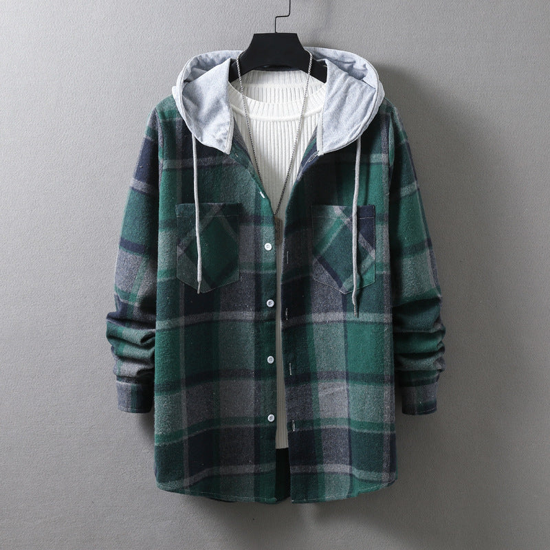 Herren lässige Flanell-Hemdjacke mit Kapuze und grafischem Karomuster Drune
