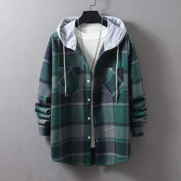 Herren lässige Flanell-Hemdjacke mit Kapuze und grafischem Karomuster Drune