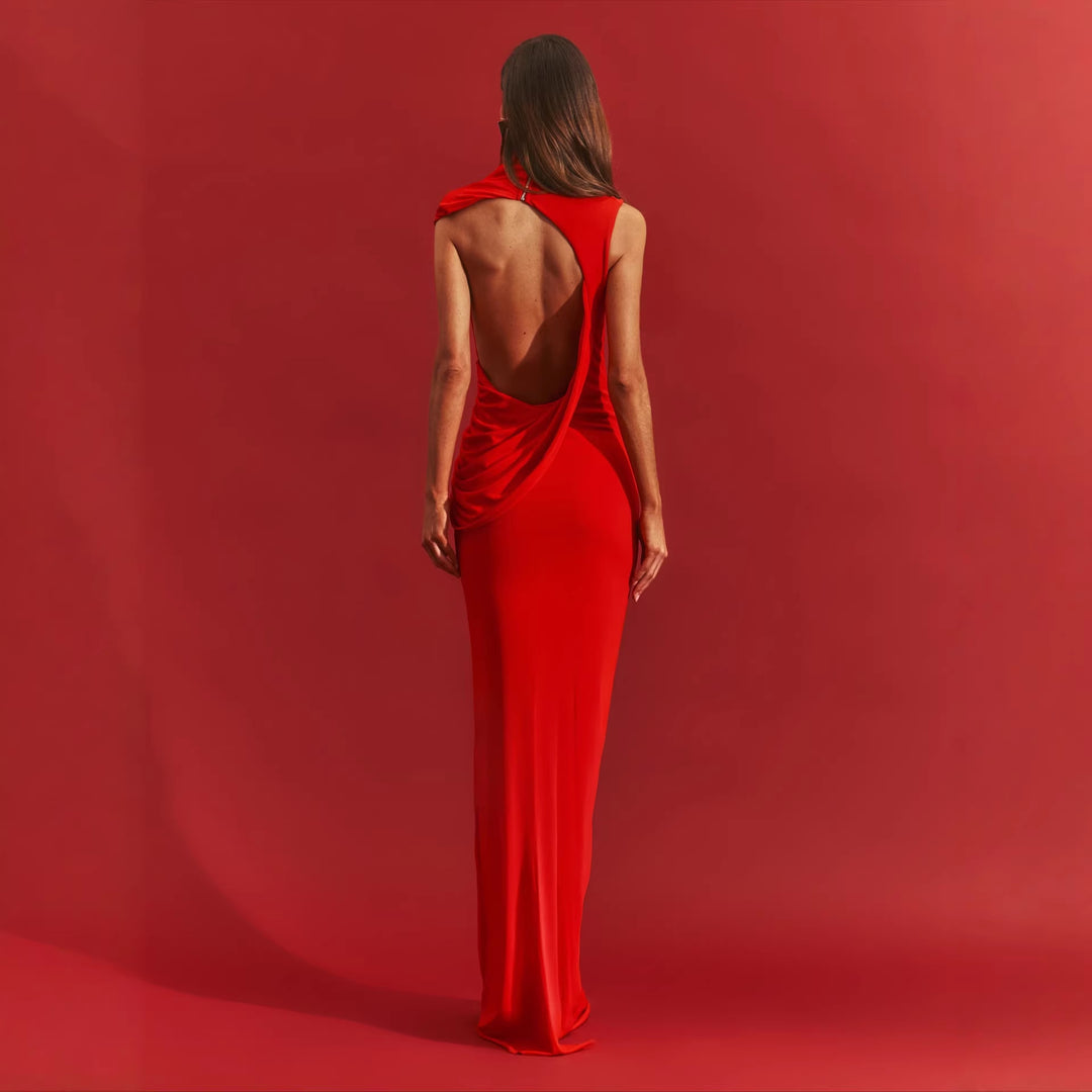 Damen stilvolles Maxikleid mit asymmetrischem Schnitt und hohem Stehkragen Drune