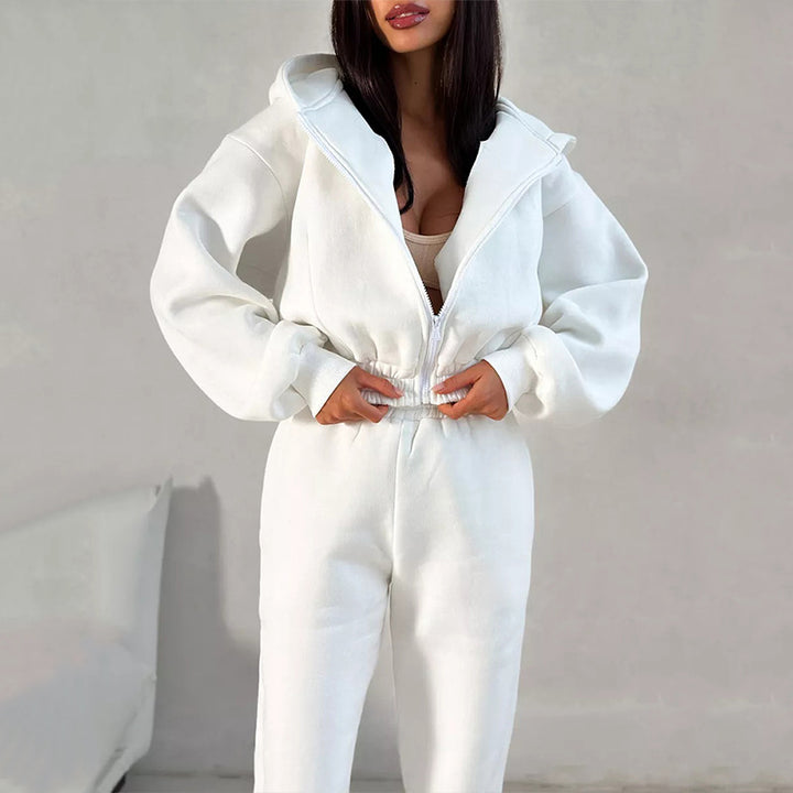 Damen Taillierter Zip-Overall im Loungewear-Stil mit Kapuze, Balloonärmeln und hoher Bundkante Drune