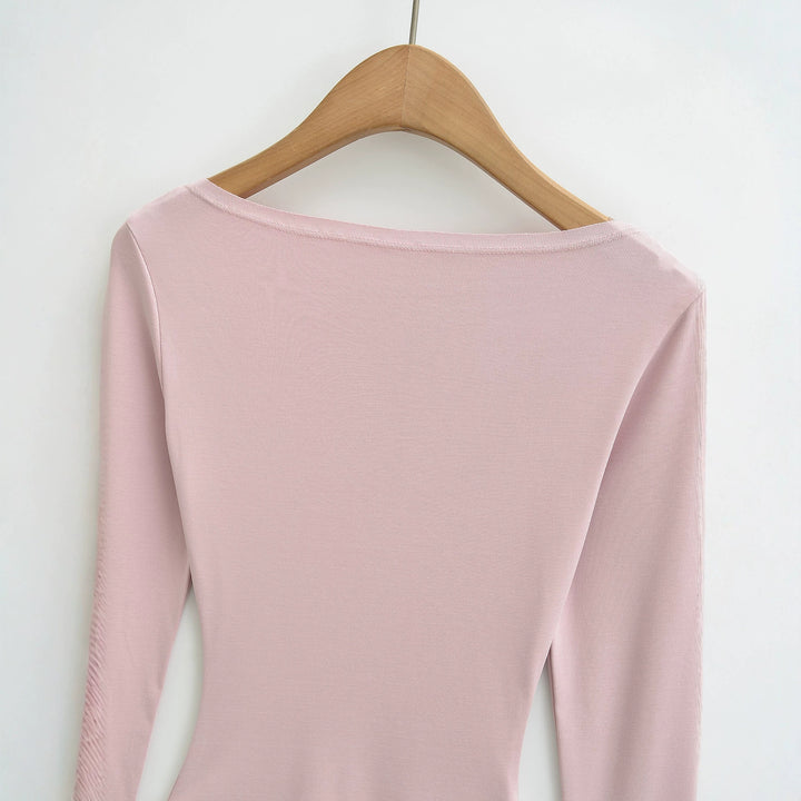 Damen Figurbetontes Rippenstrick-Longsleeve mit tiefem V‑Ausschnitt und Kragenblende Drune