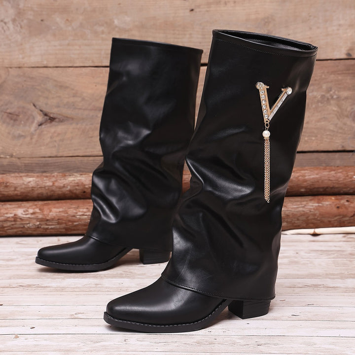Damen Kniehohe Slouch‑Stiefel mit Strassbesatz und mittlerem Blockabsatz Drune